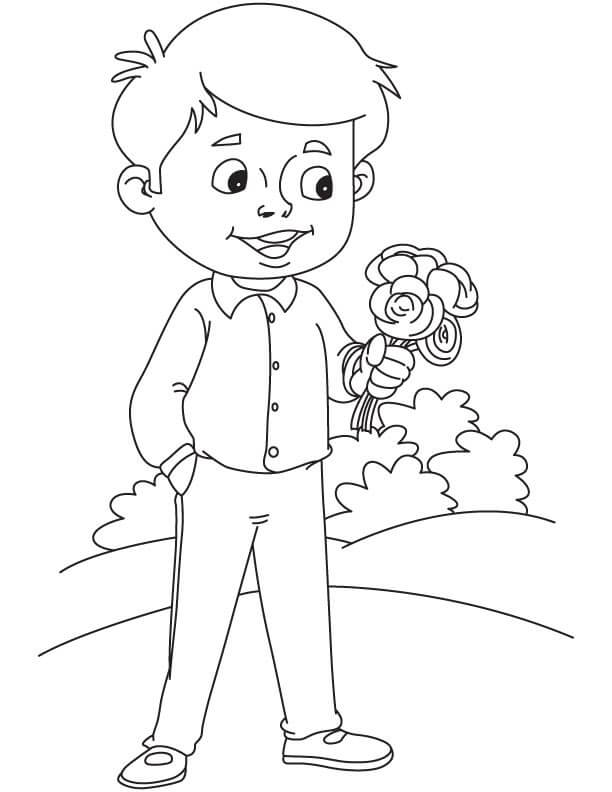 Dibujo de Niño Pequeño Tenencia Flor de Gardenia para Colorear y Imprimir