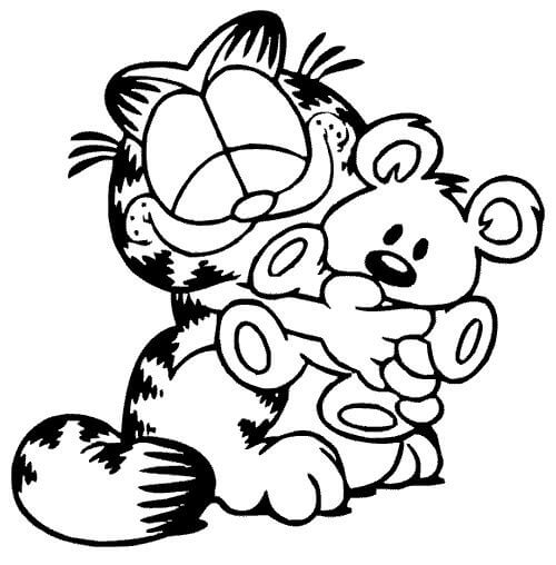 Dibujo de ¡Feliz Garfield Tenencia Osito de Peluche para Colorear y Imprimir