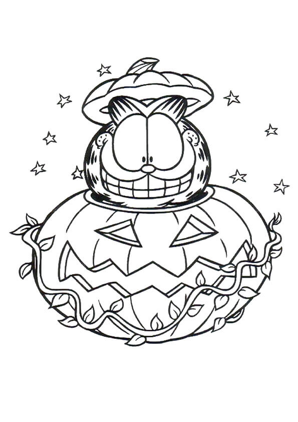 Dibujo de Garfield ¡Feliz En Calabaza de Halloween para Colorear y Imprimir