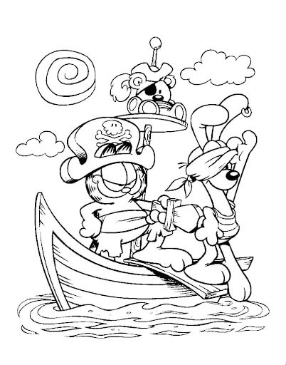 Dibujo de Garfield y Odie En Barcos para Colorear y Imprimir