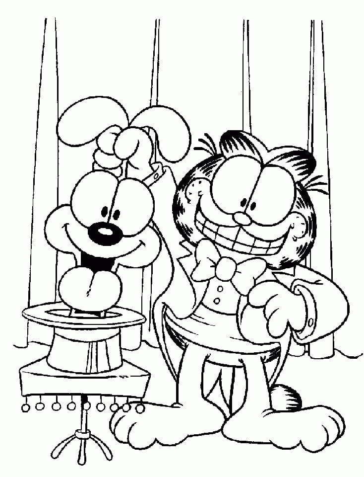 Dibujo de Garfield y Odie Realizando Un Espectáculo de Magia para Colorear y Imprimir