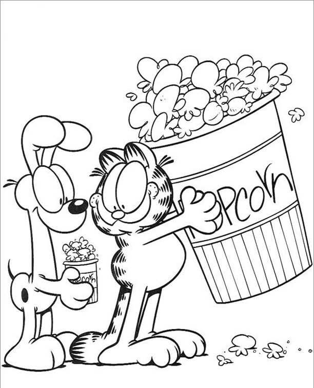 Dibujo de Garfield y Odie Sosteniendo Palomitas de Maíz para Colorear y Imprimir