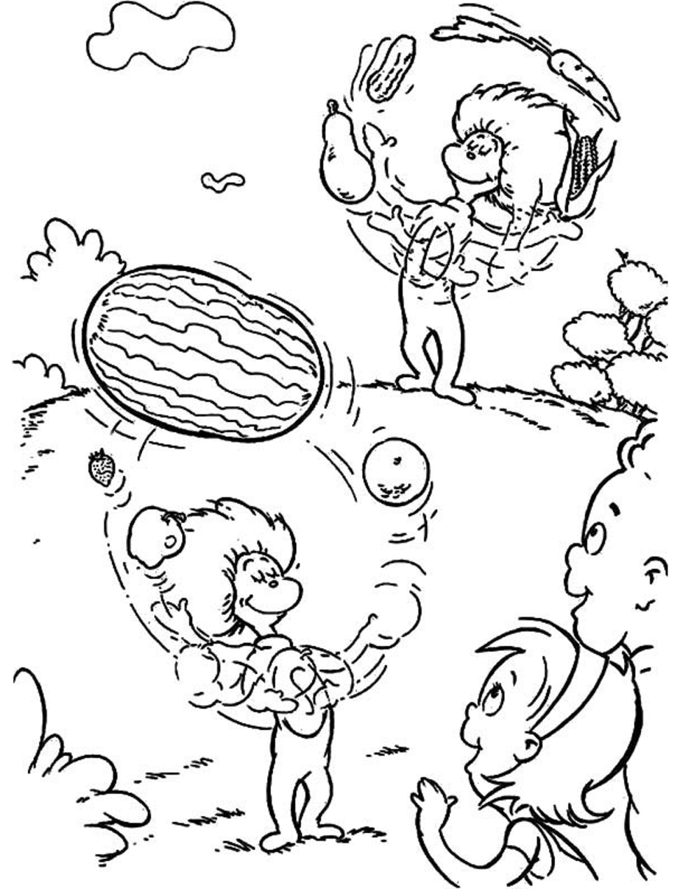 Dibujo de Cosa 1 Cosa 2 Jugando Con Frutas para Colorear y Imprimir