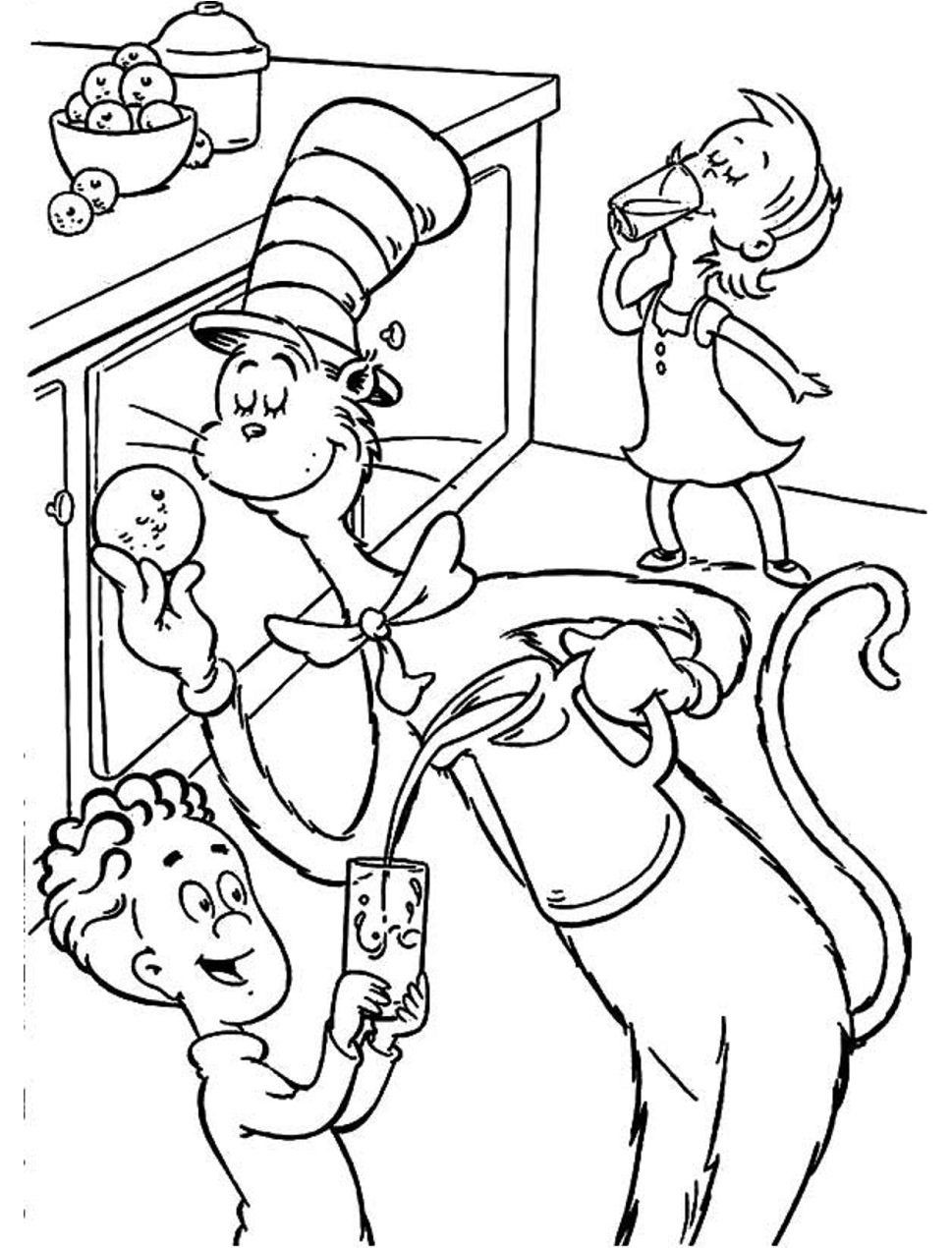 Dibujo de Gato Con dos Niños para Colorear y Imprimir