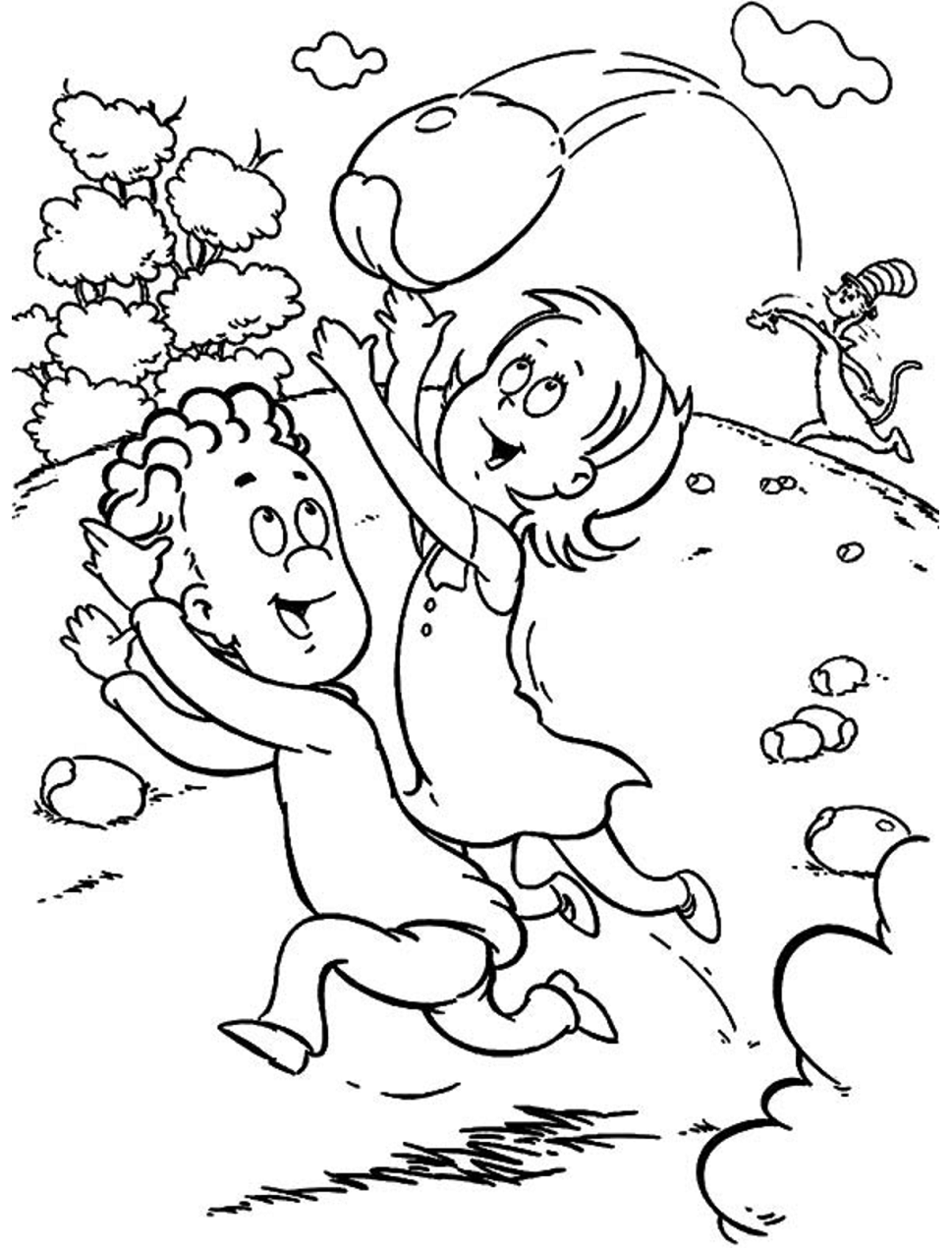 Dibujo de Gato Jugando Con Nick y Sally para Colorear y Imprimir