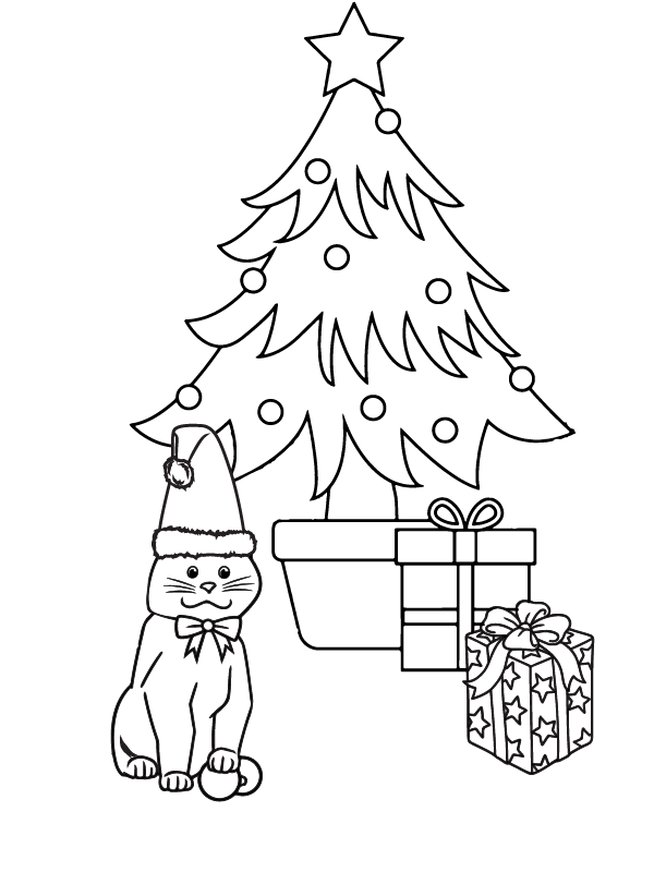 Dibujo de Christmas Tree And a Cute Cat Christmas para Colorear y Imprimir