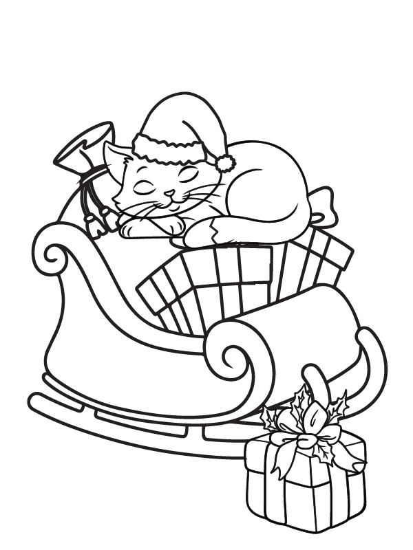 Dibujo de Cute Cat On a Sleigh Christmas Coloring Page para Colorear y Imprimir