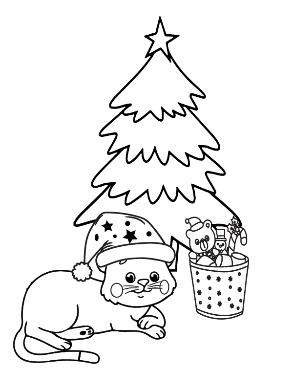 Dibujo de Happy Cute Cat Christmas Coloring Page para Colorear y Imprimir