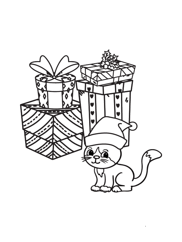 Dibujo de Presents And a Cute Cat Christmas Coloring Page 1 para Colorear y Imprimir