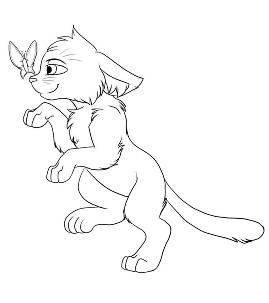 Dibujo de Gato Guerrero Con Mariposa para Colorear y Imprimir