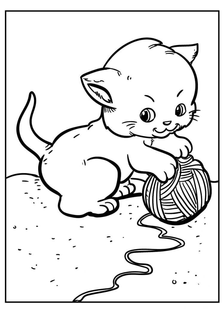 dibujo el gato y el rollo de lana para colorear