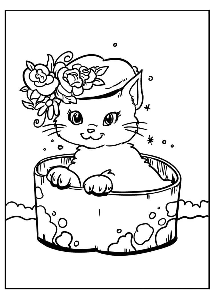 dibujo gato acostado en una olla para colorear