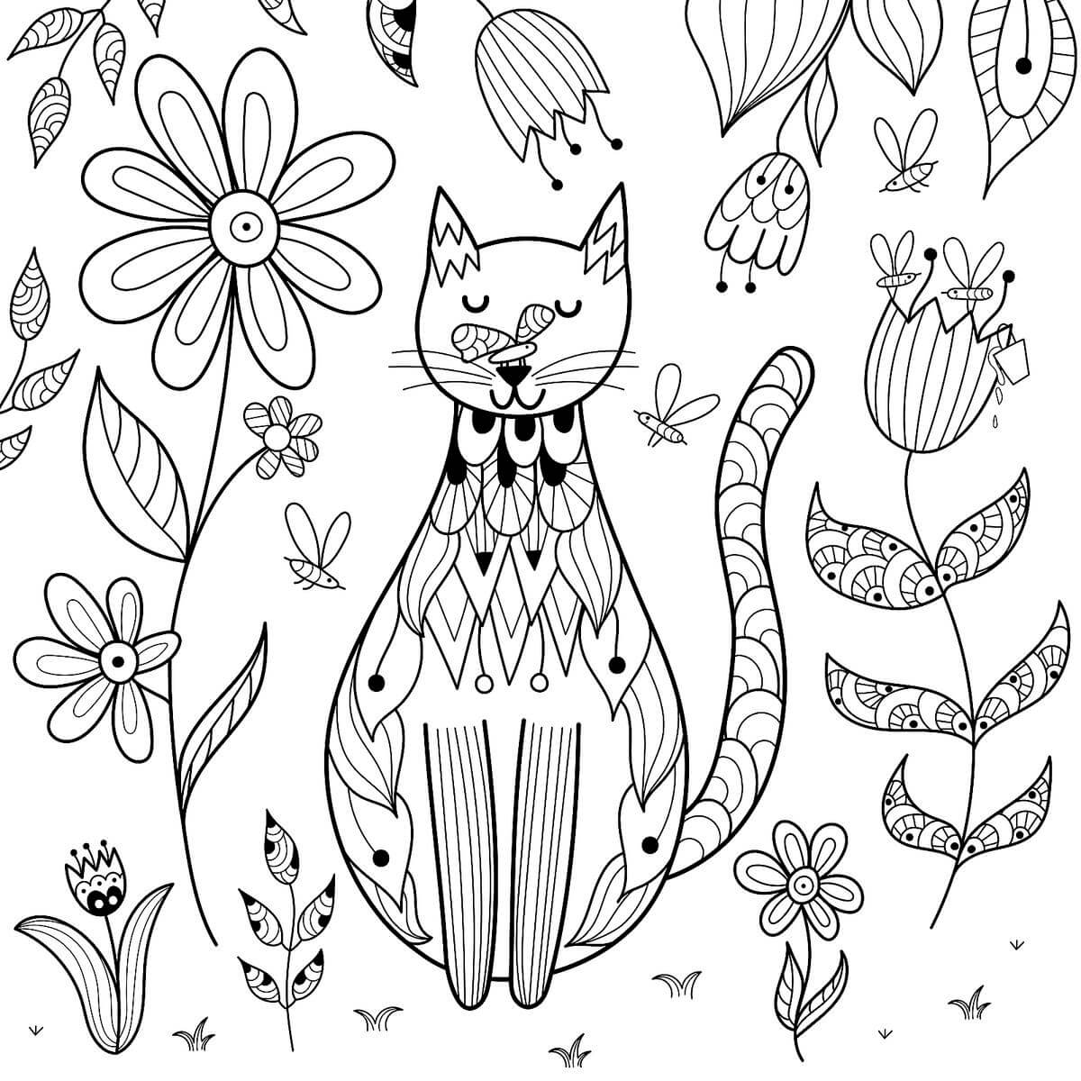 dibujo gato con flores para colorear
