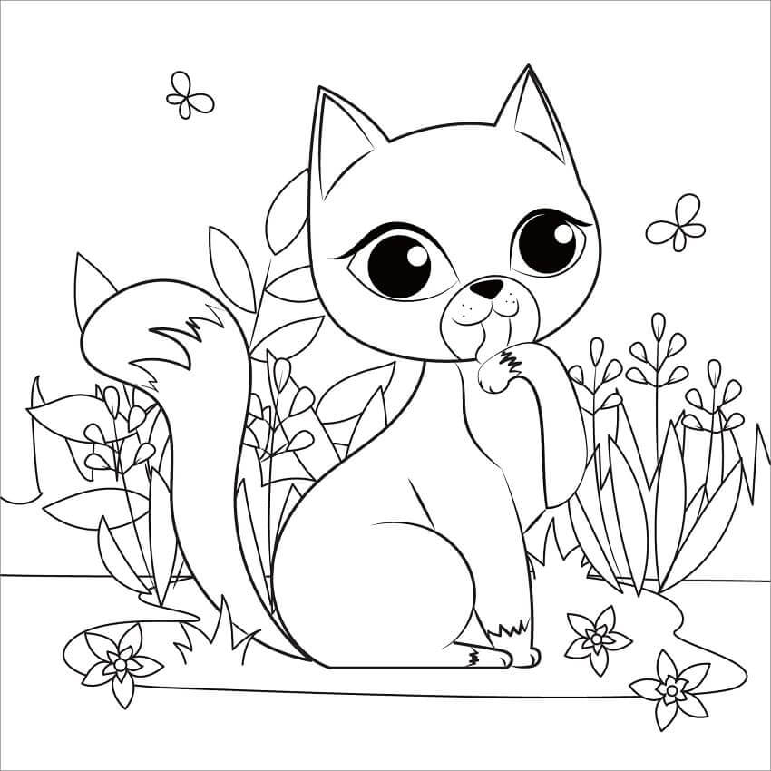 dibujo gato con jardin de flores para colorear