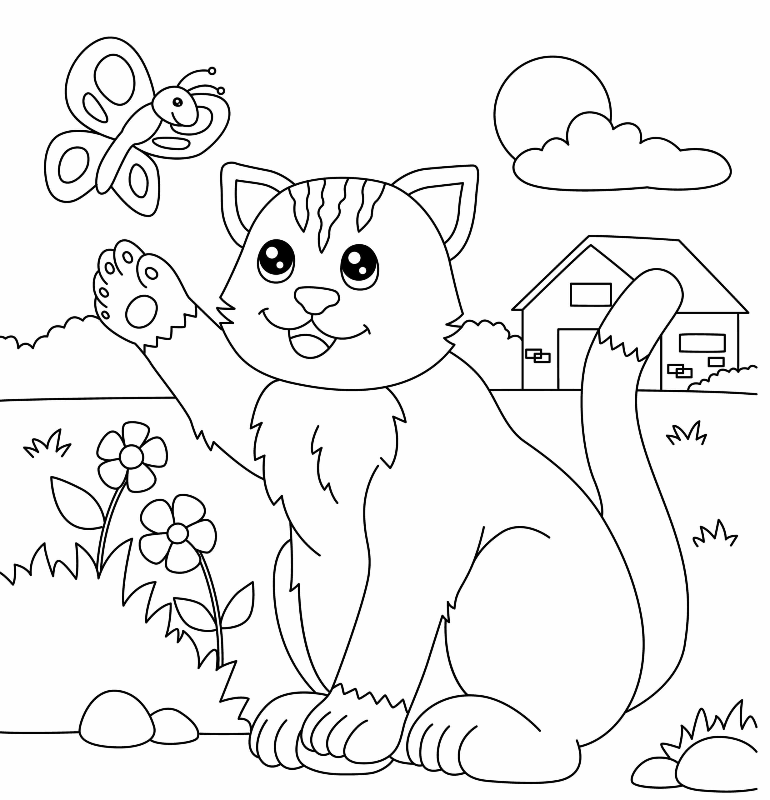 dibujo gato con mariposa para colorear