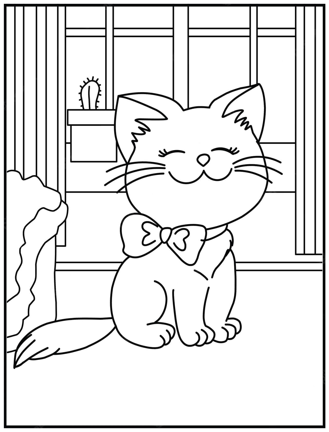 dibujo gato feliz en casa para colorear