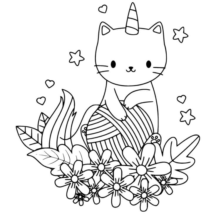 dibujo gato unicornio con flores para colorear