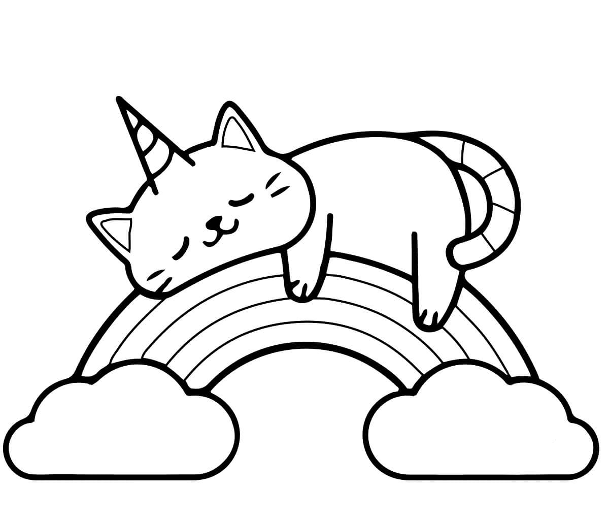 dibujo gato unicornio durmiendo en arco iris para colorear