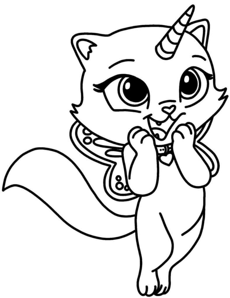 dibujo gracioso gato unicornio de pie para colorear