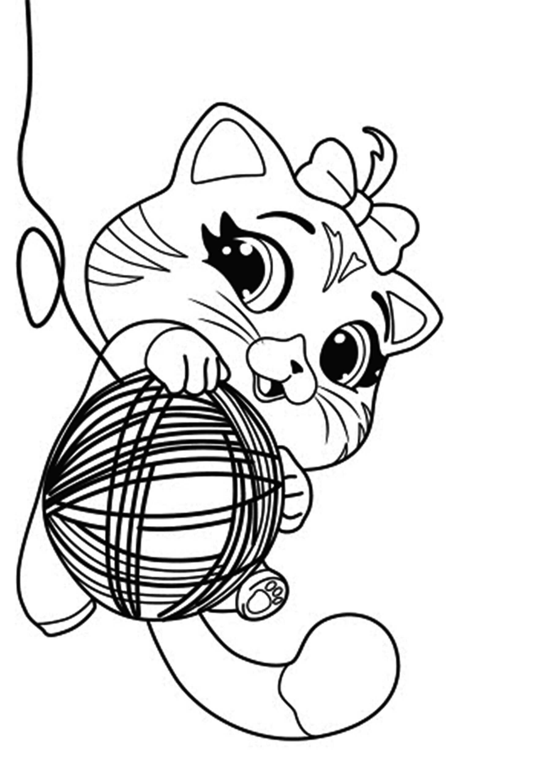 dibujo lindo gato y el rollo de lana para colorear