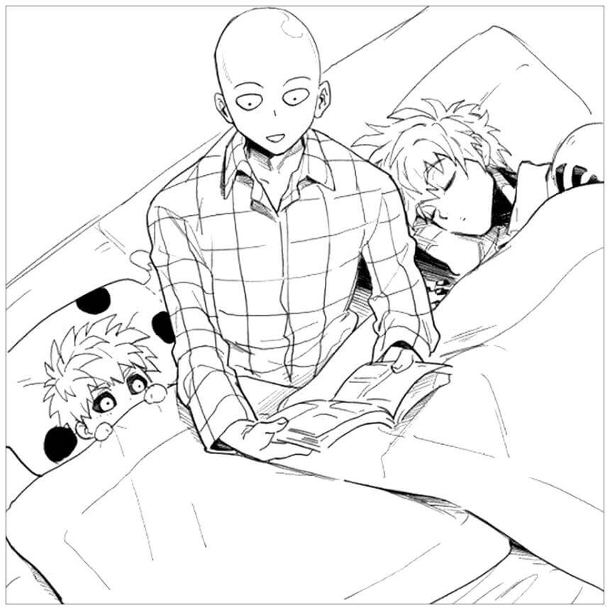 Dibujo de Saitama y Genos En La Cama para Colorear y Imprimir