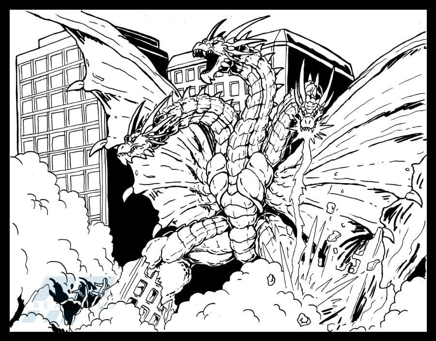 Dibujo de Ataque de Ghidorah En La Ciudad para Colorear y Imprimir