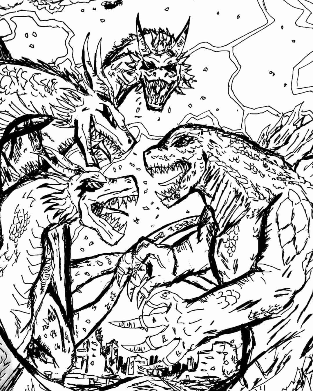 Dibujo de Dibujar a Ghidorah Contra Godzilla para Colorear y Imprimir