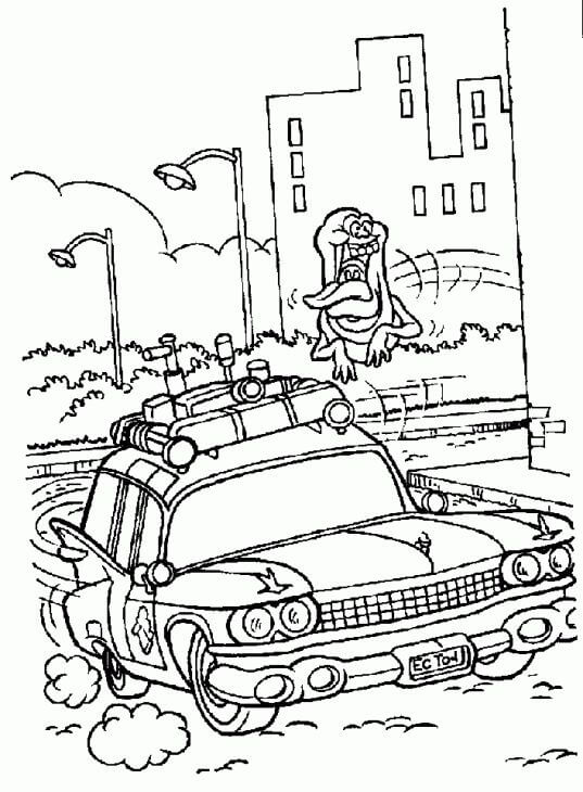 Dibujo de Cazafantasmas Con Coche para Colorear y Imprimir