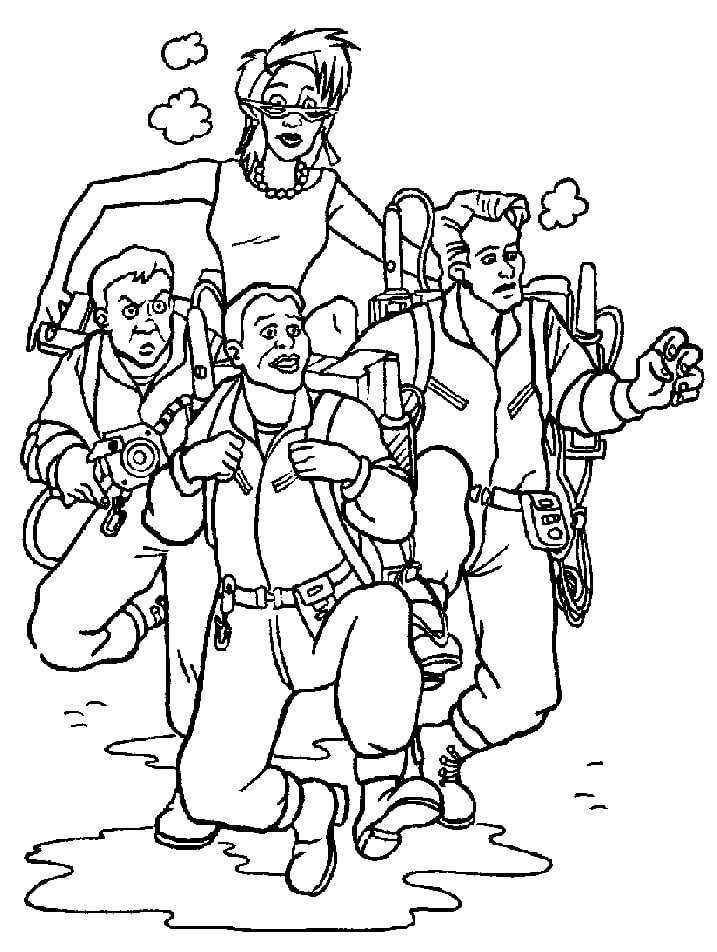 Dibujo de Cinco Personajes de Cazafantasmas Corriendo para Colorear y Imprimir