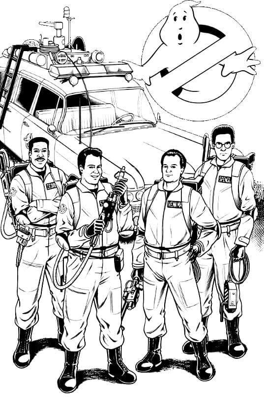 Dibujo de Cuatro Personajes Con Logo de Cazafantasmas para Colorear y Imprimir