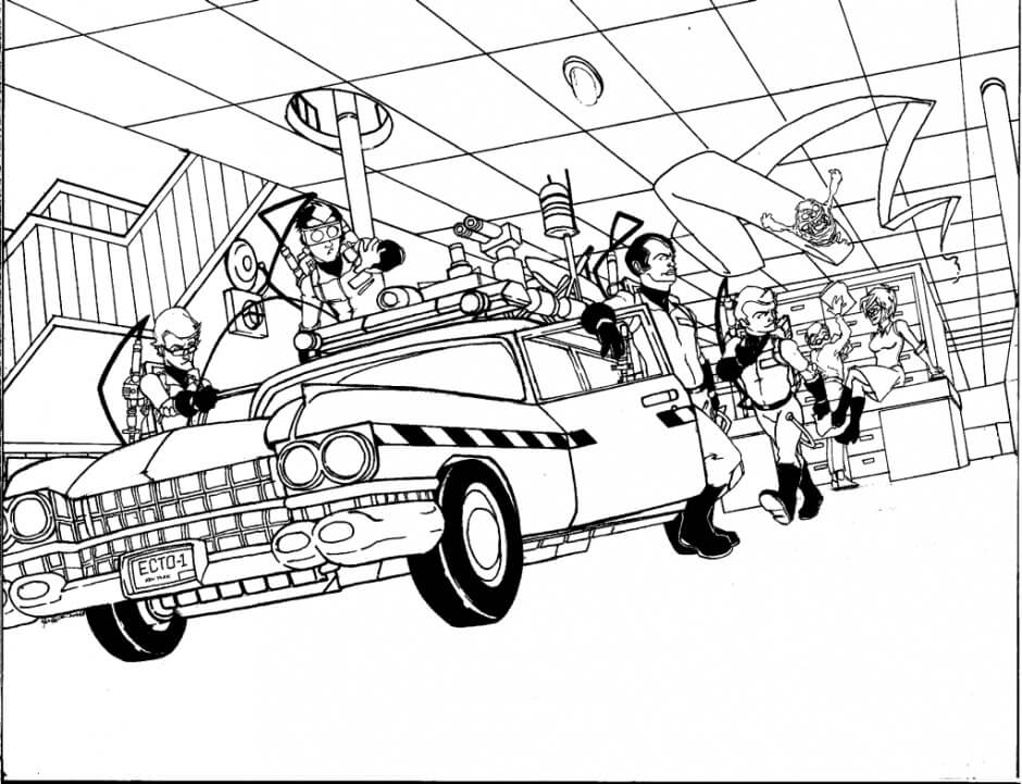 Dibujo de Cuatro Personajes de Cazafantasmas Con Coche para Colorear y Imprimir