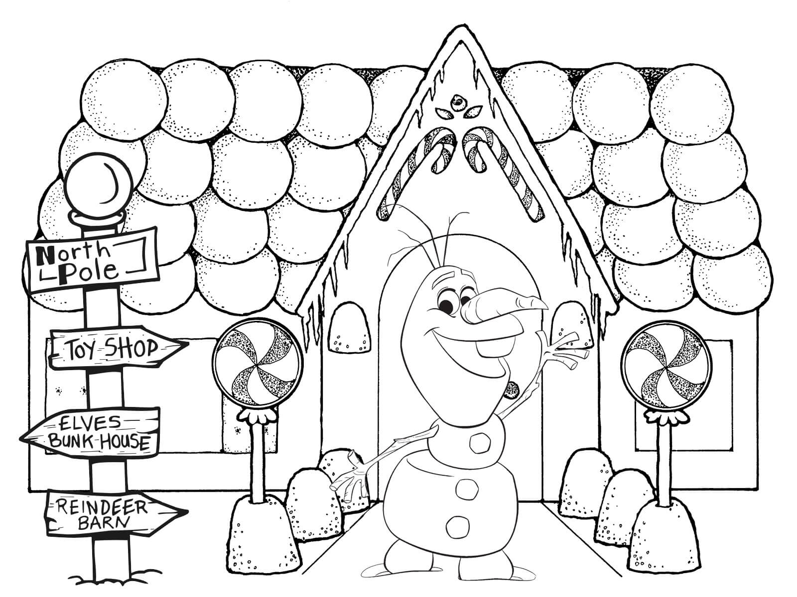 Dibujo de Casa de Pan de Jengibre Olaf Congelado para Colorear y Imprimir