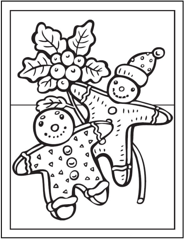 Dibujo de dos Hombre de Pan de Jengibre y Árbol para Colorear y Imprimir
