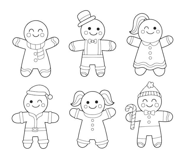 Dibujo de Seis Hombres de Pan de Jengibre para Colorear y Imprimir