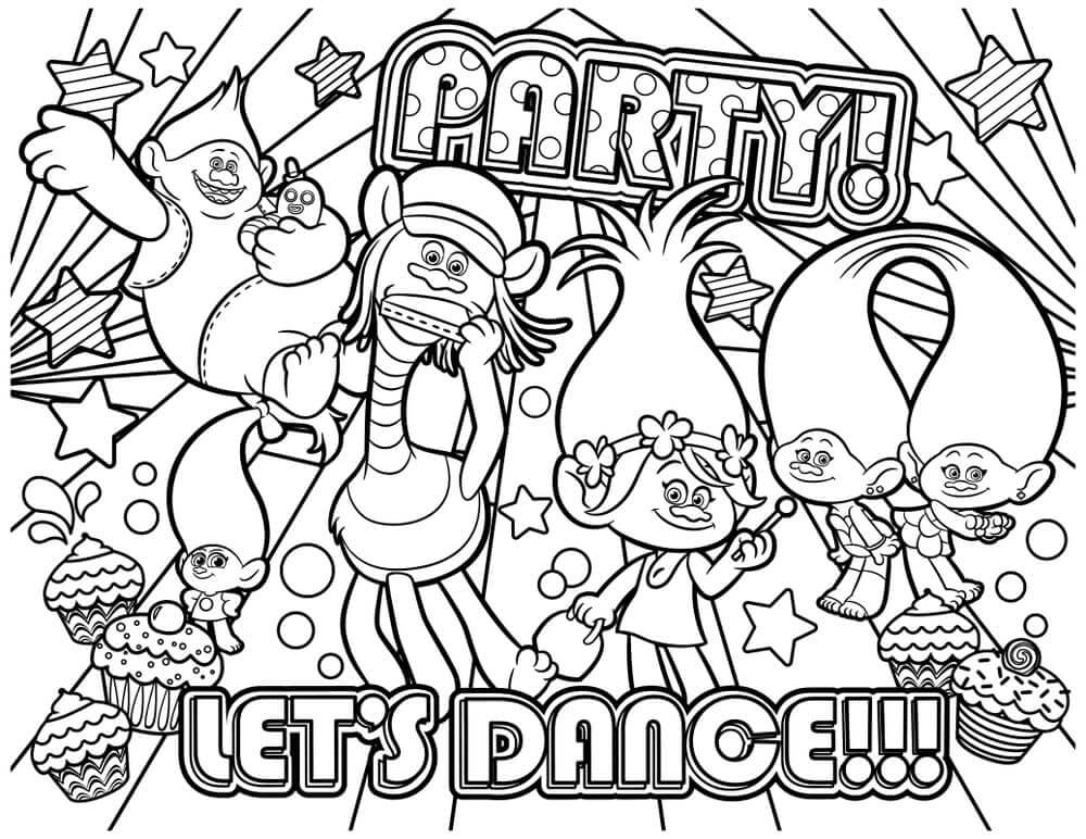 Dibujo de Fiesta Trolls World Tour para Colorear y Imprimir