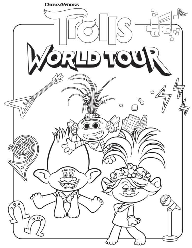 Dibujo de Gira Mundial de Los Trolls para Colorear y Imprimir
