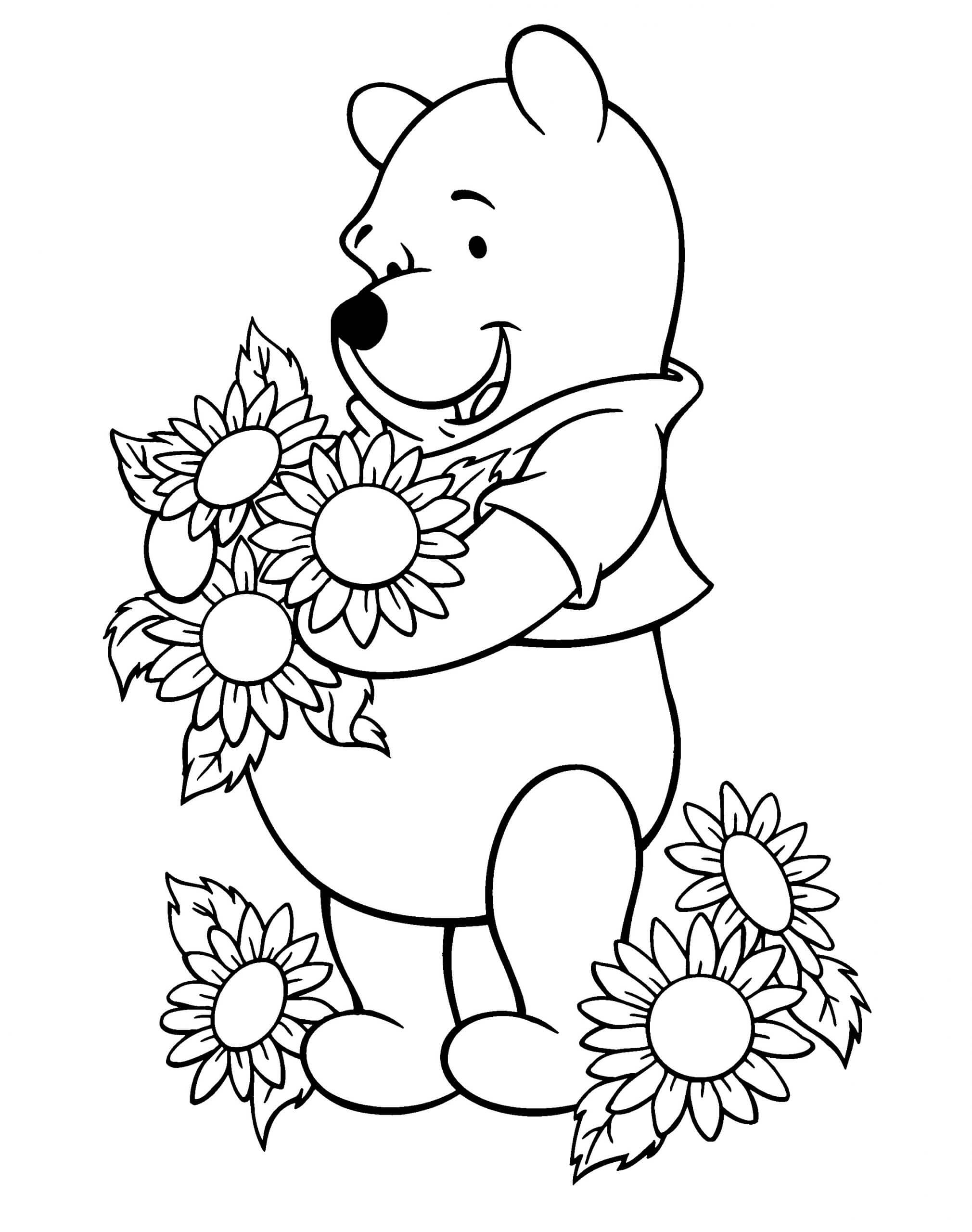 Dibujo de Pooh y Girasoles para Colorear y Imprimir