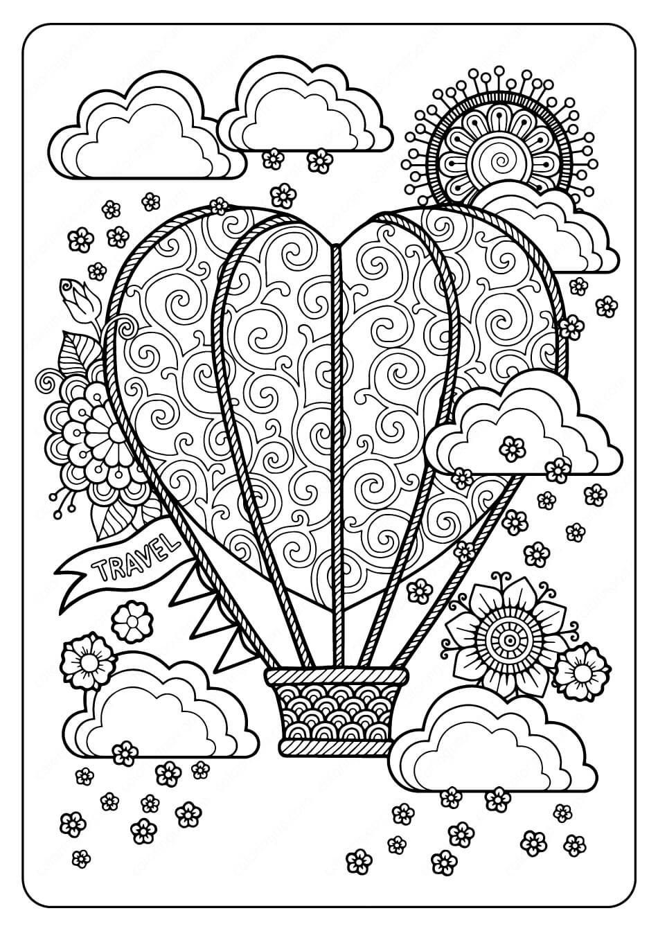 dibujo siete globos aerostaticos para imprimir y colorear