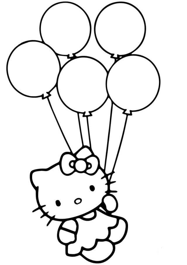 Dibujo de Hello Kitty Volando En Globo para Colorear y Imprimir