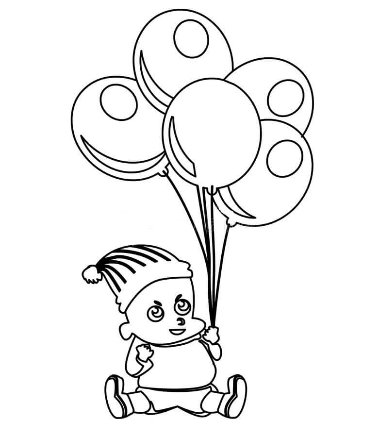 Dibujo de Lindo Bebé Con Globos para Colorear y Imprimir