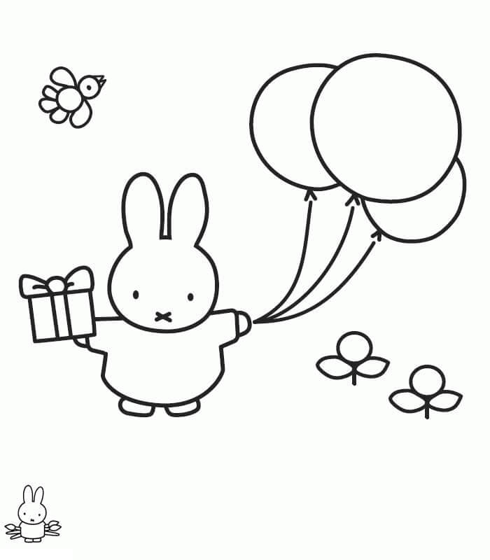 Dibujo de Miffy Con Regalo y Globos para Colorear y Imprimir