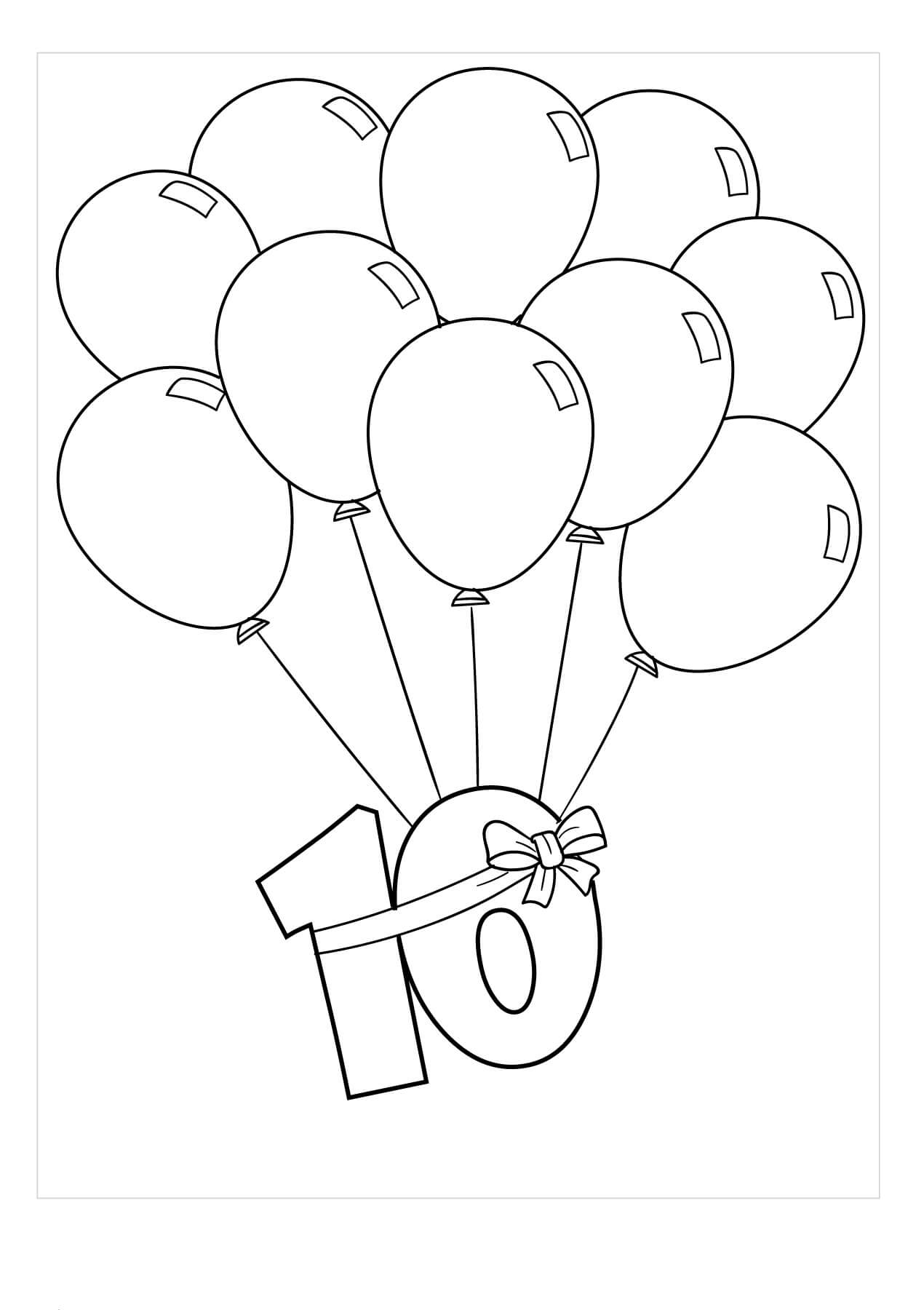 Dibujo de Número Diez Con Globo para Colorear y Imprimir