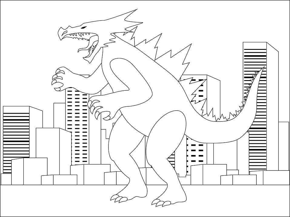 Dibujo de Aterrador Godzilla En La Ciudad para Colorear y Imprimir