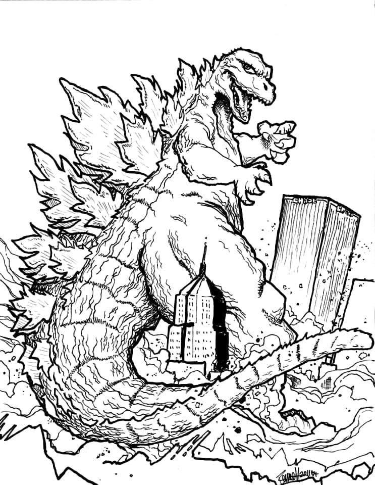 Dibujo de Ciudad Destructora de Godzilla para Colorear y Imprimir