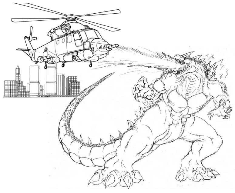 Dibujo de Godzilla Ataca Helicóptero para Colorear y Imprimir