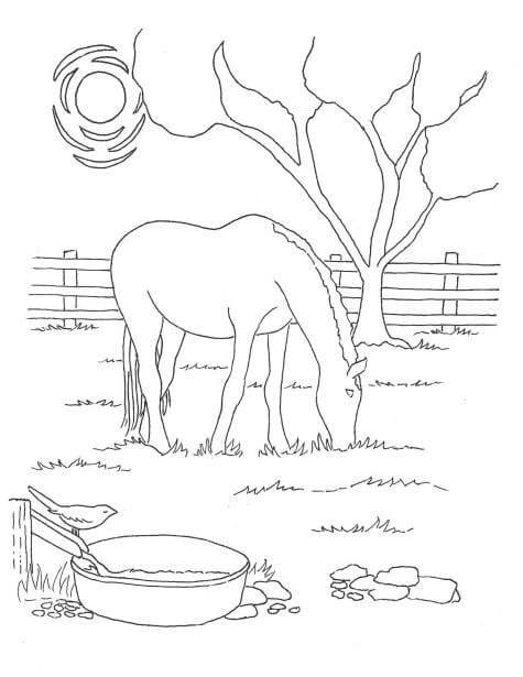 Dibujo de Caballo Comiendo Hierba En El Granero para Colorear y Imprimir
