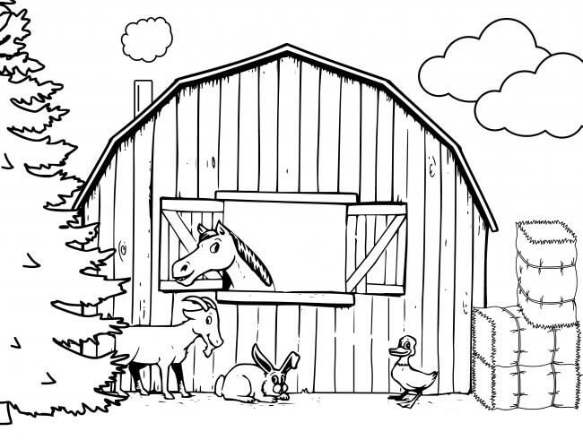 Dibujo de Cuatro Animales En Granero para Colorear y Imprimir