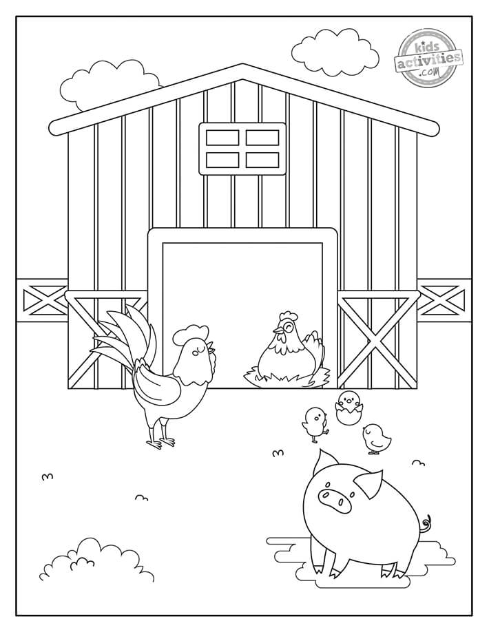 Dibujo de Pollitos de Cerdo y Familia En Granero para Colorear y Imprimir