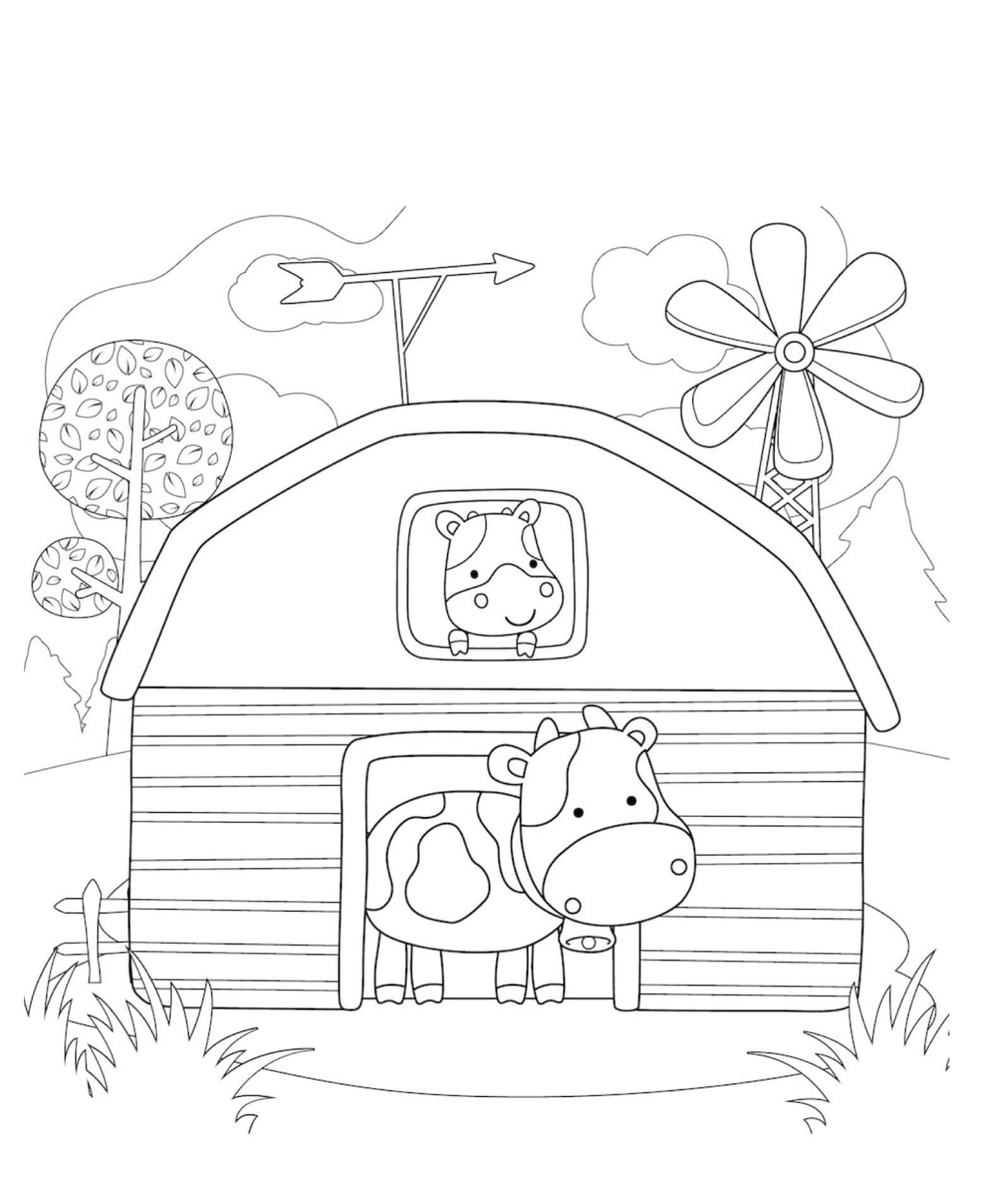 Dibujo de Vaca En Una Caricatura de Granero para Colorear y Imprimir