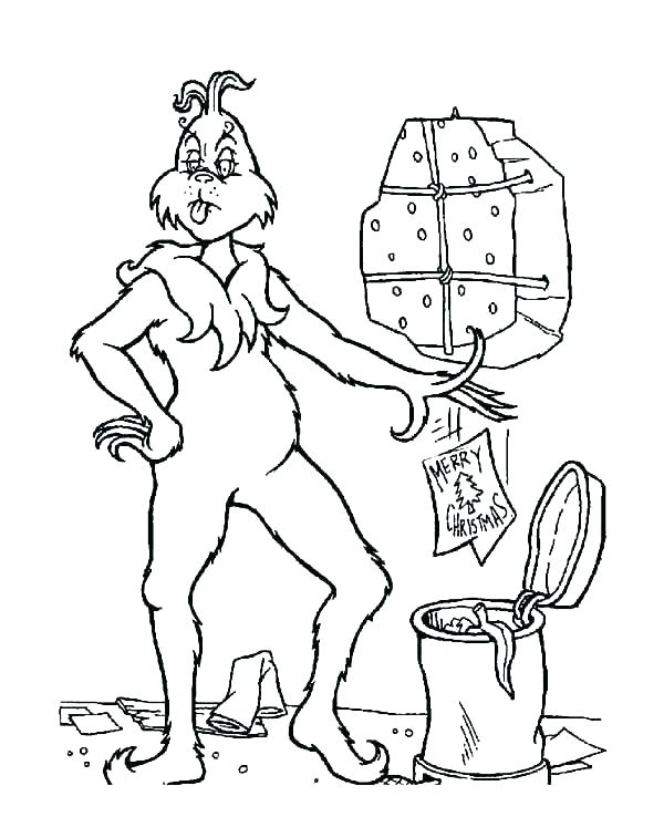 Dibujo de Grinch Tira La Basura a La Papelera de Reciclaje para Colorear y Imprimir